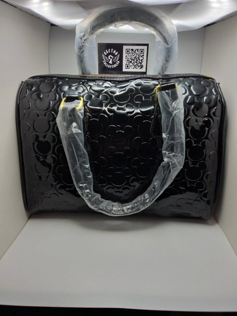 Disney Parks Black Embossed Mickey Mouse Medium Handbag Gold Hardware NWT